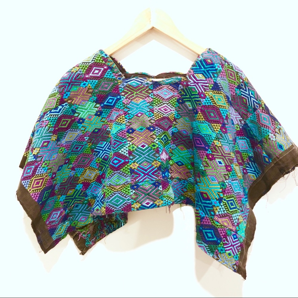 Vintage Mayan Silk Blues Greens Purple Black Huipil Textile Top from Guatemala